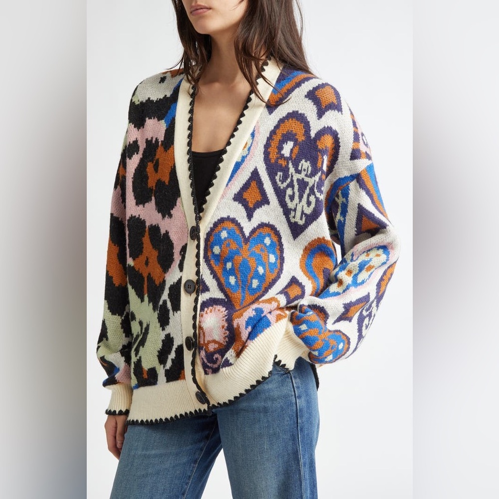 NWOT Farm Rio Mixed Ikat Hearts Knit Cardigan S